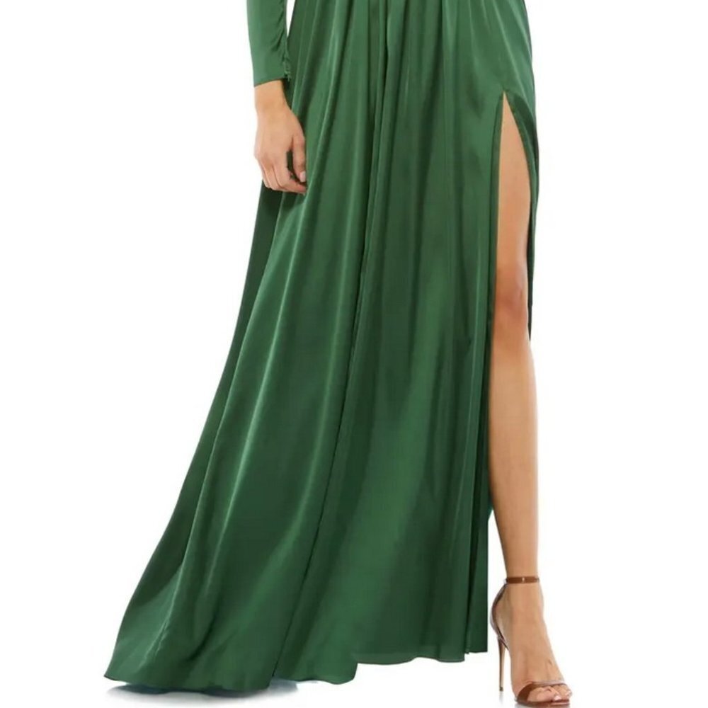 Mac Duggal Emerald Green Crystal Satin Empire Waist Long Sleeve Gown - Picture 2 of 5